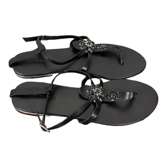 Charles David Black Embellished Jeweled Ankle Strap Flat Sandal Size 8 - Picture 2 of 11